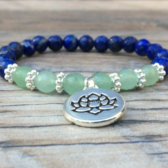 Lapis bracelet with Lotus charm, Aventurine, crystal healing bracelet - Picture 4 of 9